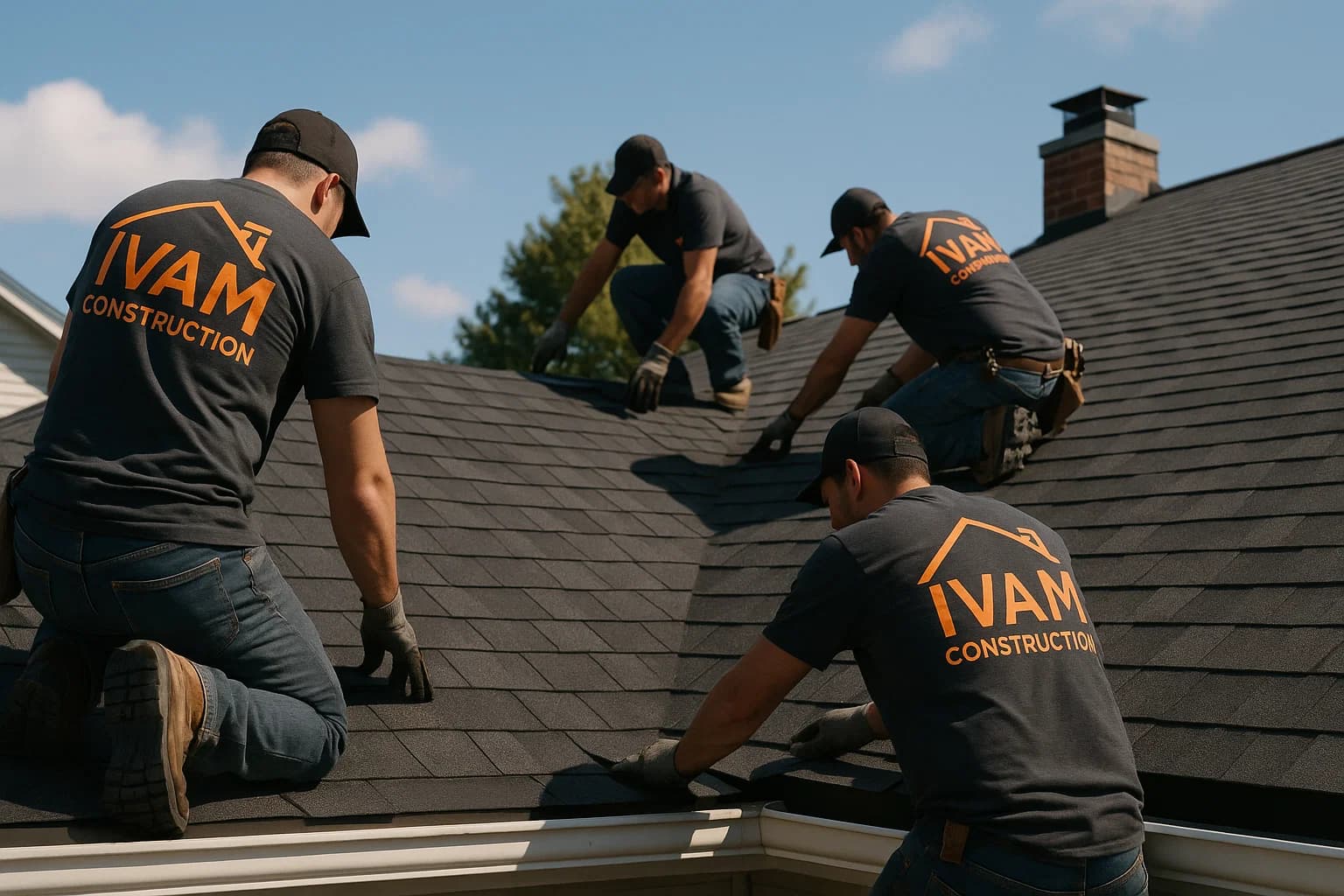 Roofing team at work